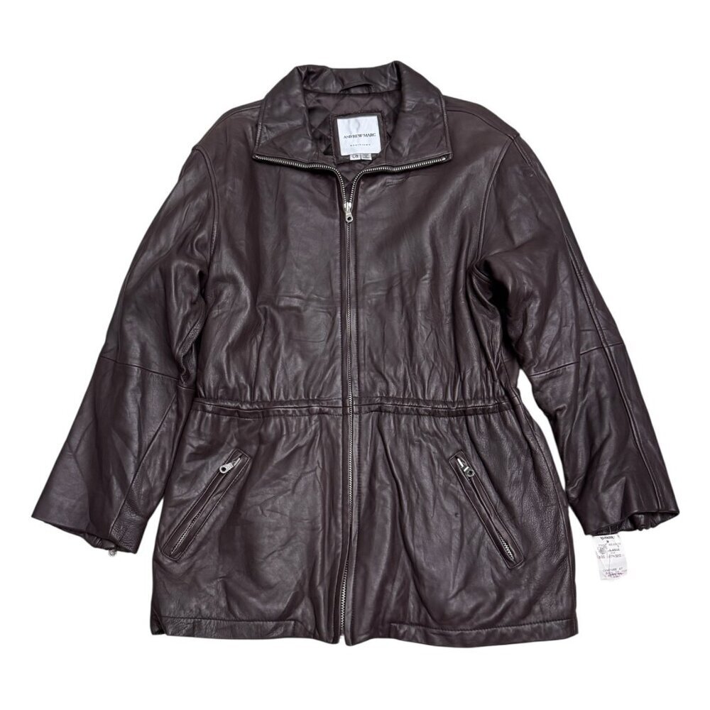 ANDREW MARC LEATHER Luxury Designer Brown Business Casual Coat Womens Large